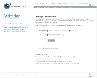 Manual Activation web page